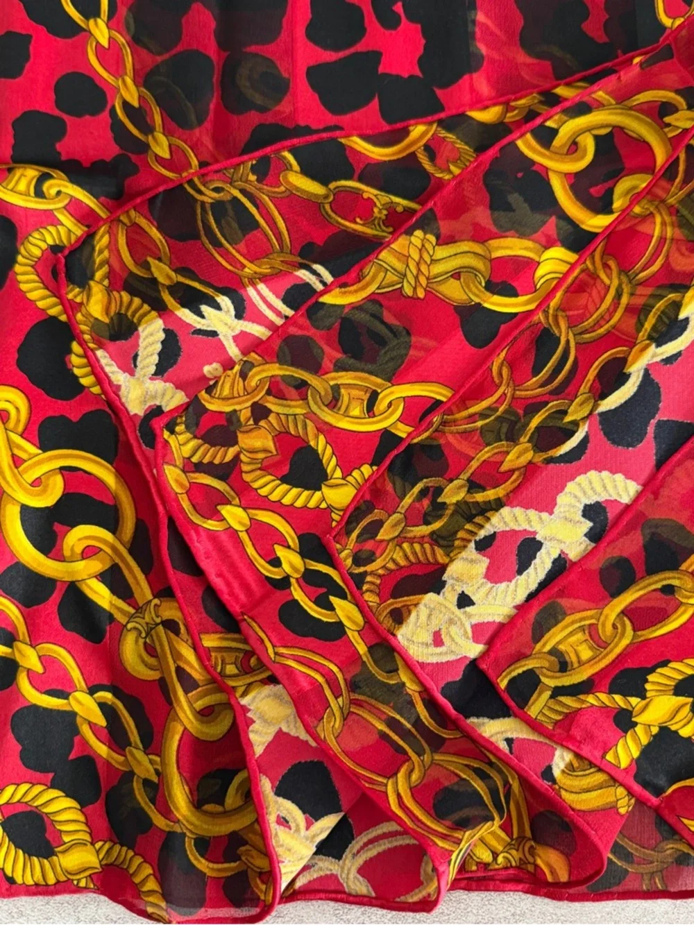 Celine Red & Black Leopard Chain Silk Scarf - Picture 5 of 7
